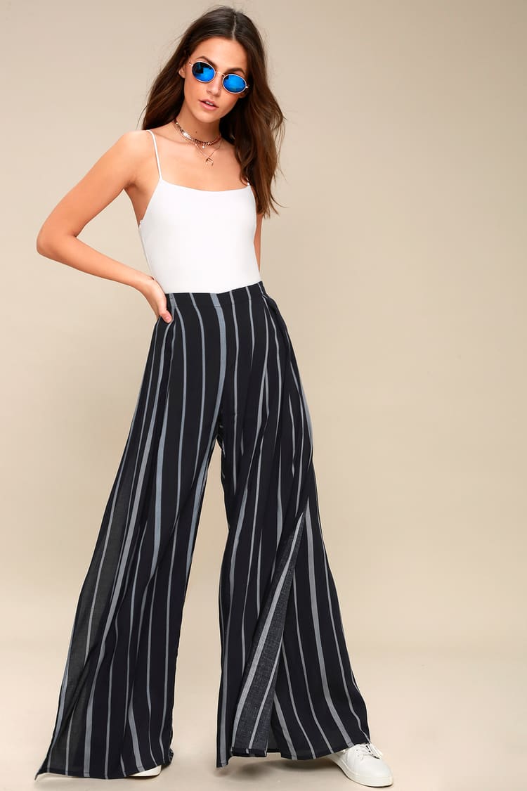Venture Casual Washed Black Striped Wide-Leg Pants
