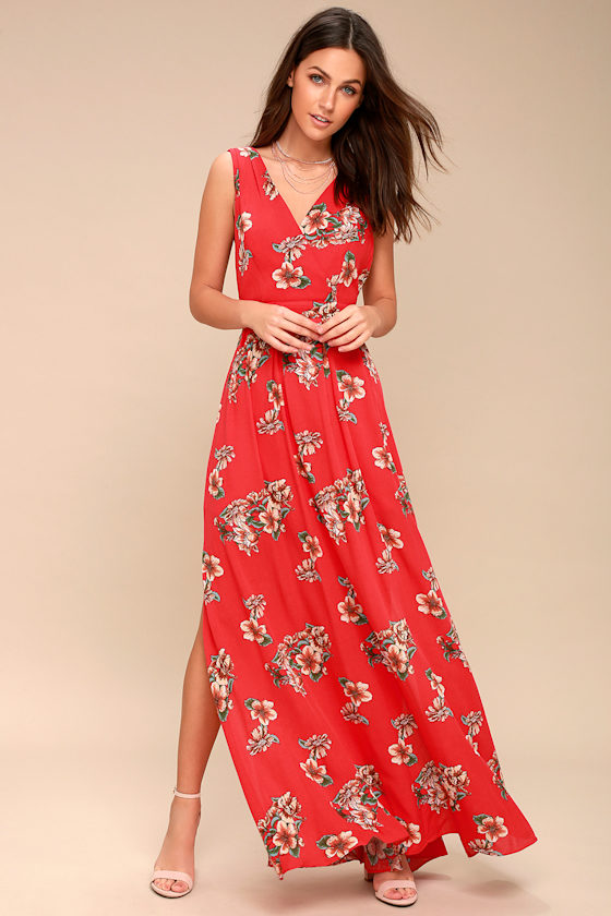 Afternoon Tea Coral Red Floral Print Tie-Back Maxi Dress 2
