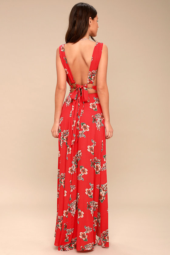 Lovely Red Maxi Dress Floral Maxi Dress TieBack Dress