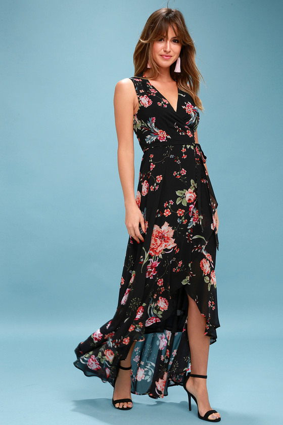 Cute Black Dress - Floral Print Dress - Wrap Maxi Dress - Lulus