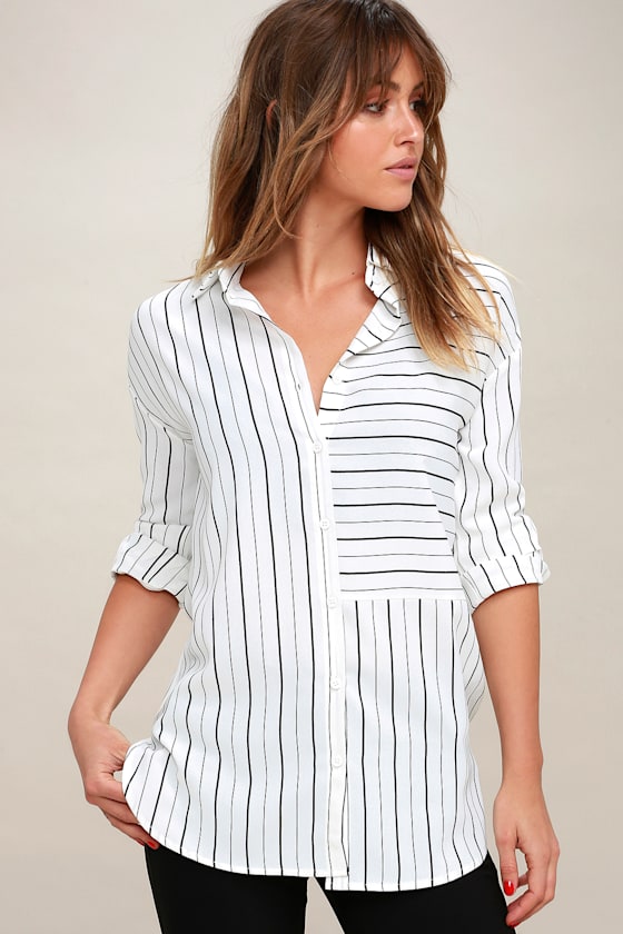 black and white striped button up shirt short sleeve
