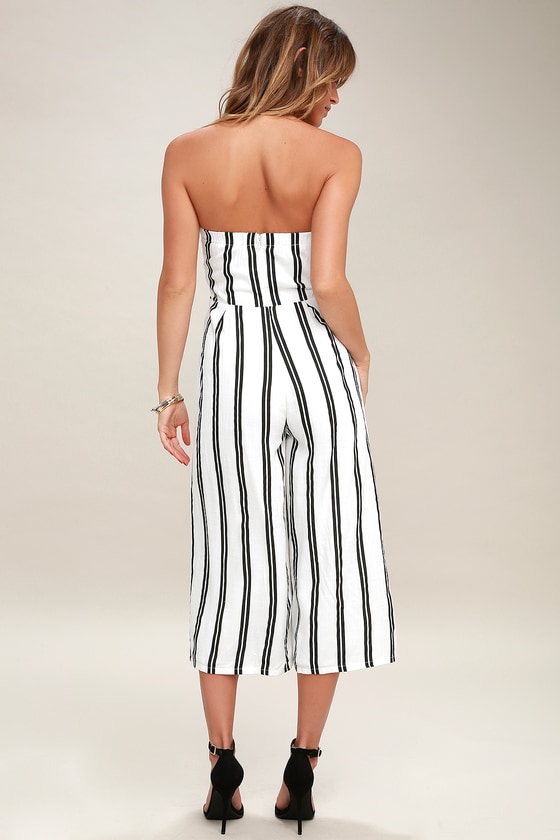 Chic Black and White Striped Jumpsuit - Wide-Leg Jumpsuit