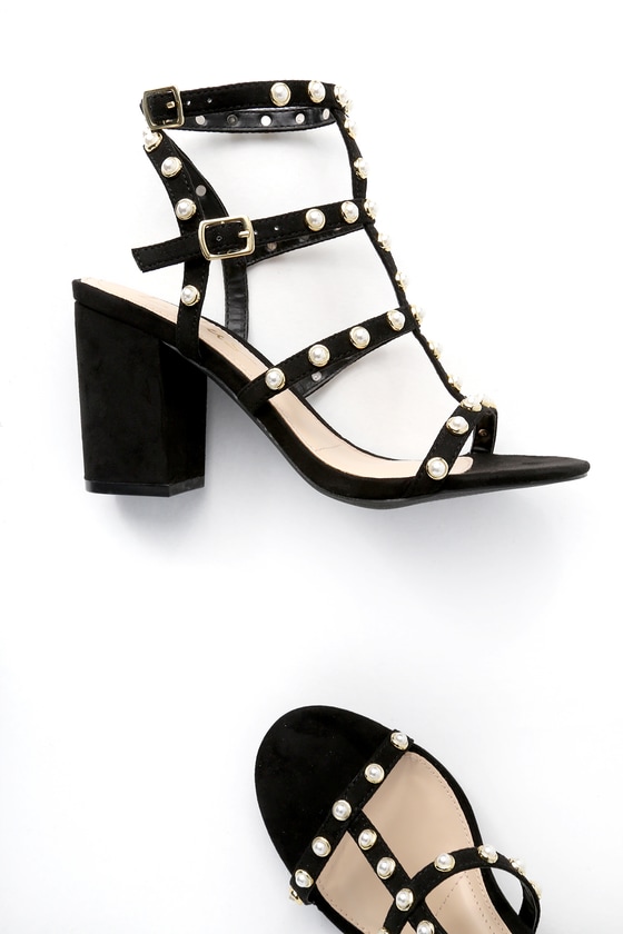 black heels with pearls on them