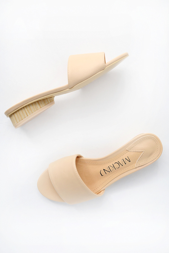 Cute Beige Slide Sanals WoodLook Heel Sandals Lulus