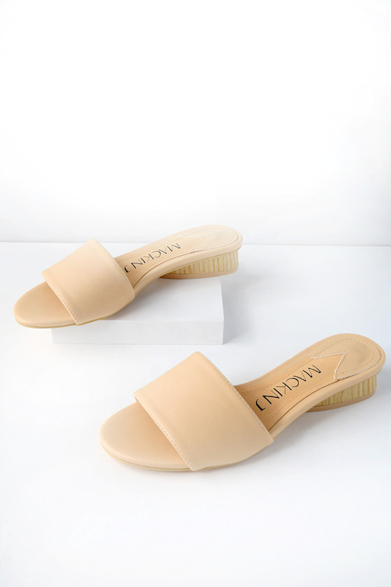 Cute Beige Slide Sanals WoodLook Heel Sandals