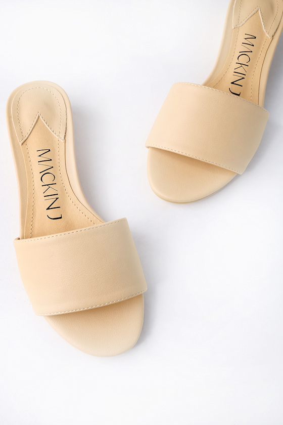 Cute Beige Slide Sanals WoodLook Heel Sandals