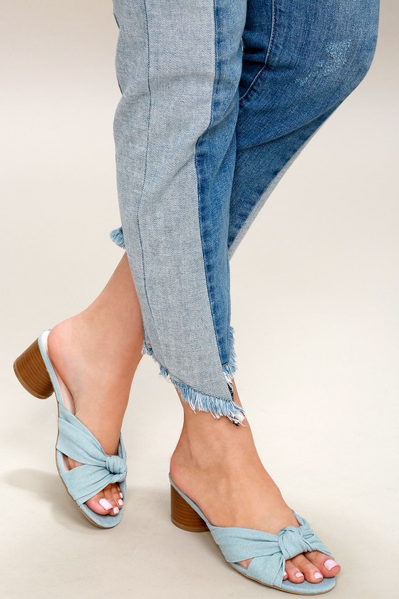 Cute Light Blue Denim Mules - Peep Toe Mules - Lulus