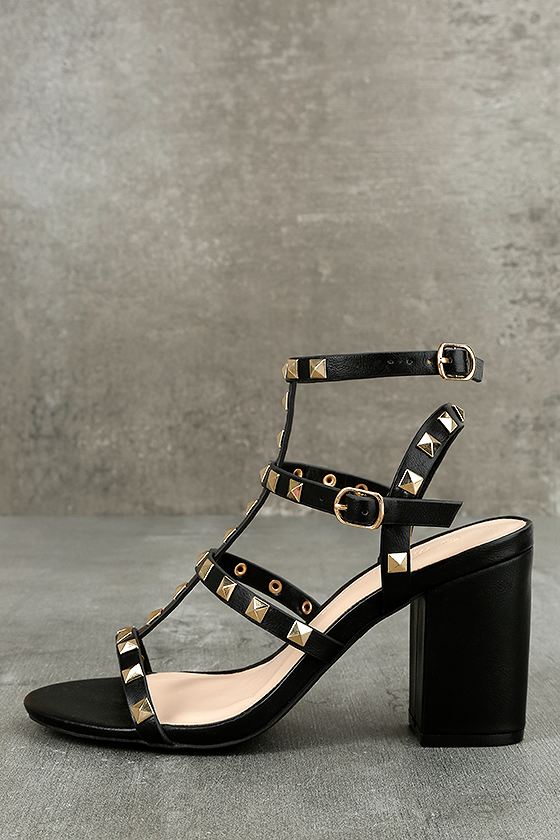 Phedra Black Studded Ankle Strap Heels 2
