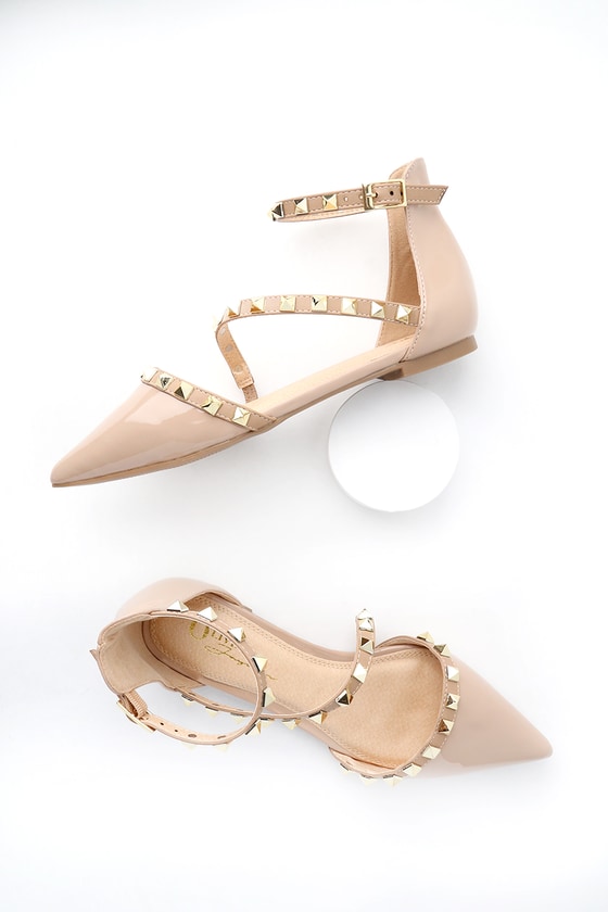 Chic Nude Patent Flats - Studded Flats 