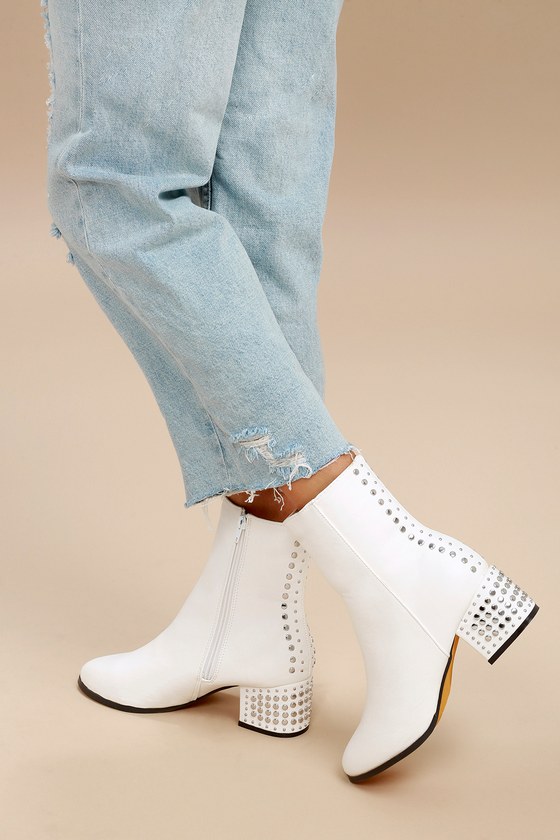 Chic Studded Boots - White Mid Calf Boots - Flat Stud Boots