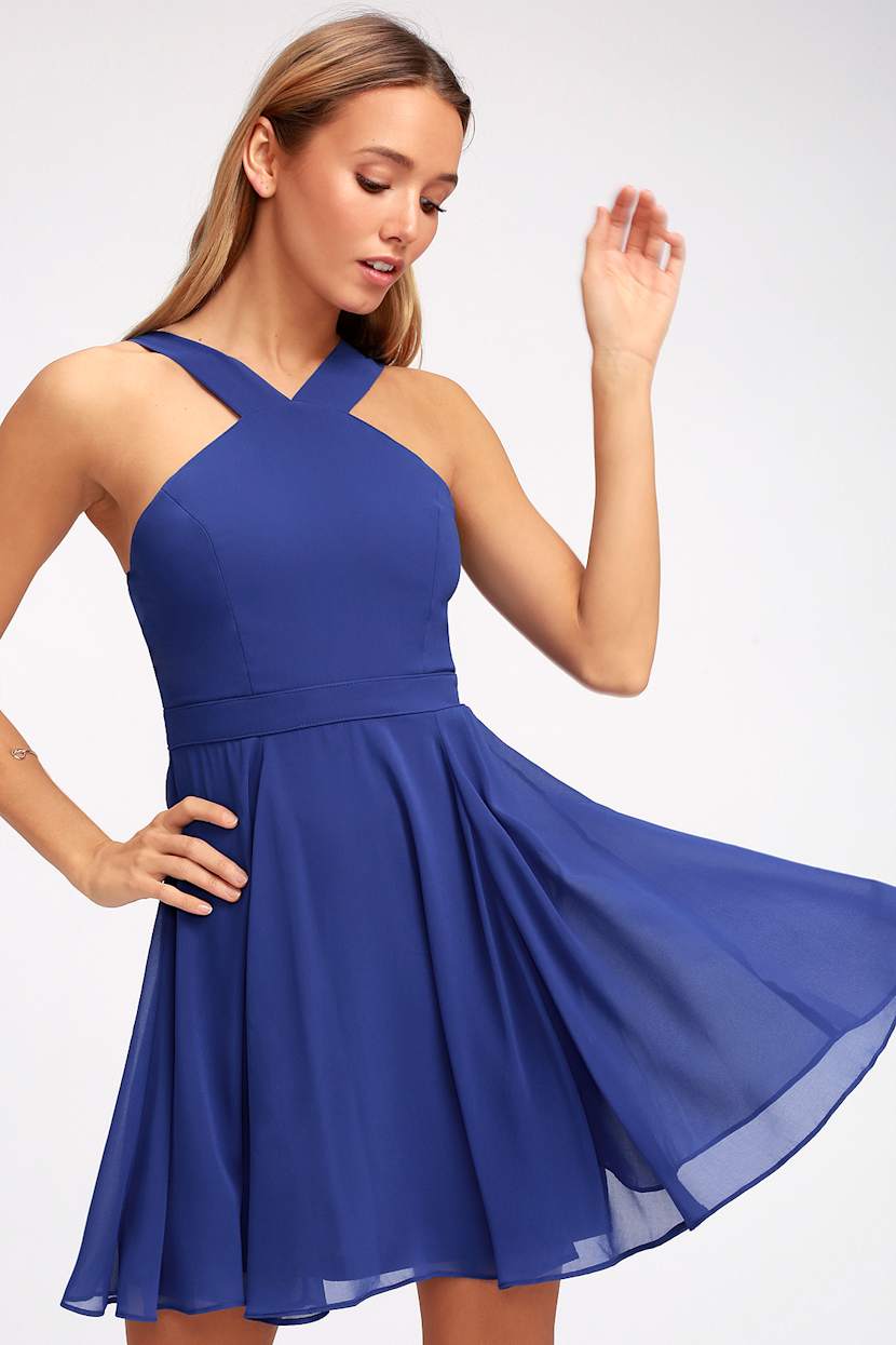lulus royal blue skater dress Royal Blue Halter Dress - Skater Dress - Bridesmaid Dress