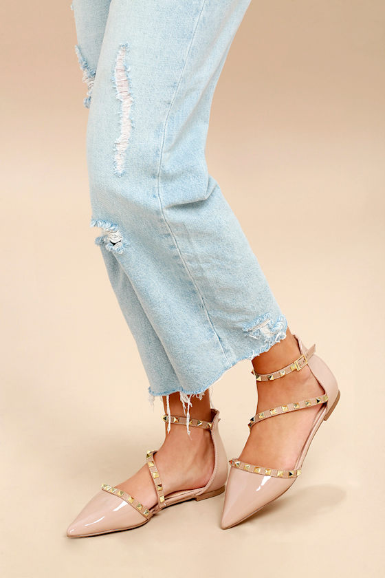 Trinity Nude Patent Studded Pointed Toe Flats 6