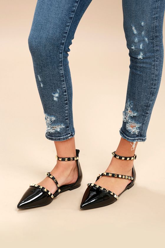 Chic Black Patent Flats Studded Flats Pointed Toe Flats Lulus