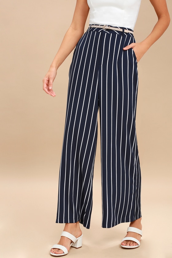 PPLA Pants - Wide-Leg Pants - Navy Blue Striped Pants