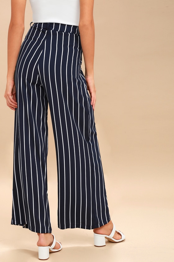 PPLA Pants - Wide-Leg Pants - Navy Blue Striped Pants