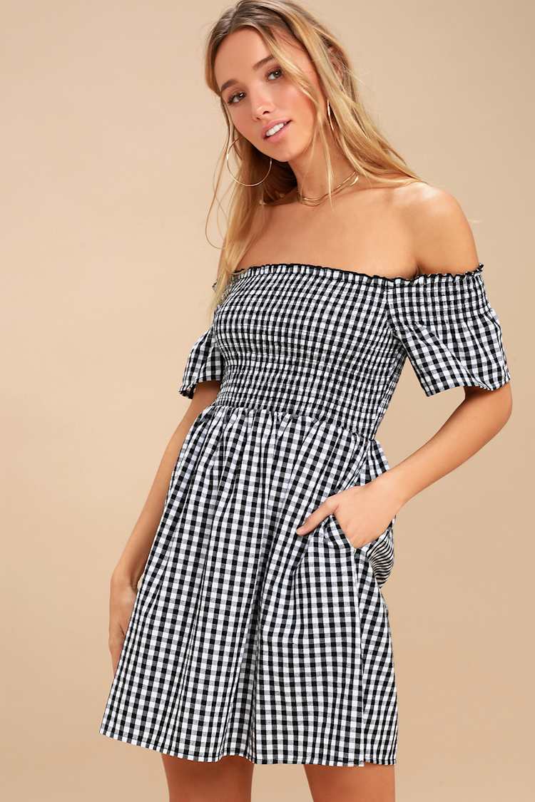 black and white plaid off the shoulder dress 28% OFF] 2026 Plaid Print Off The Shoulder Turn Down Collar Cinched Shoulder  Casual Dress In BLACK