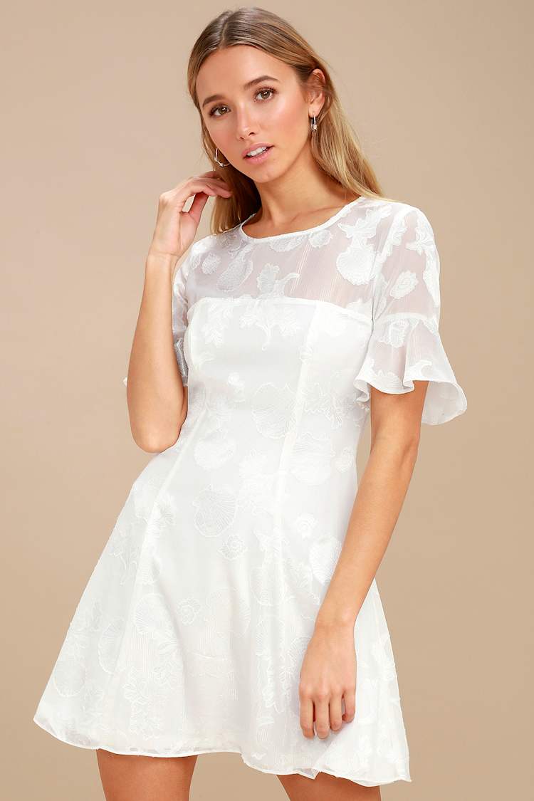 Stunning White Dress - Seashell Print Dress - Flounce Dress - Lulus