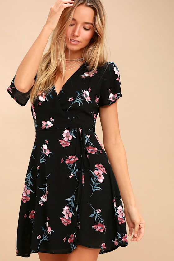 Flowers of Romance Black Floral Print Wrap Dress 1