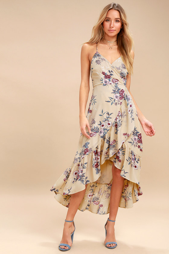 Chic Beige Floral Print Maxi Dress - Ruffled Maxi Dress - Lulus