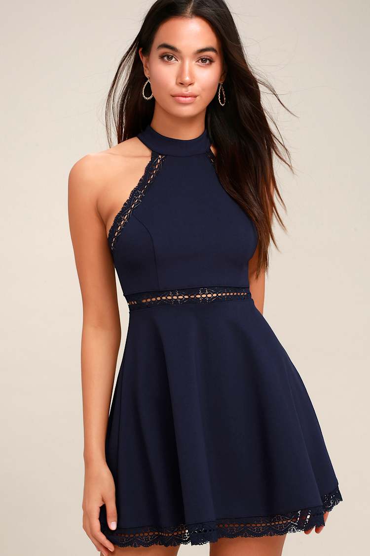 Skater Dress Lulus Blue Halter Dress Reach Out My Hand Navy Blue