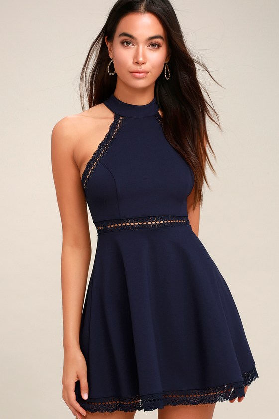 Navy Blue Dress - Lace Dress - Skater Dress - Halter Dress - Lulus