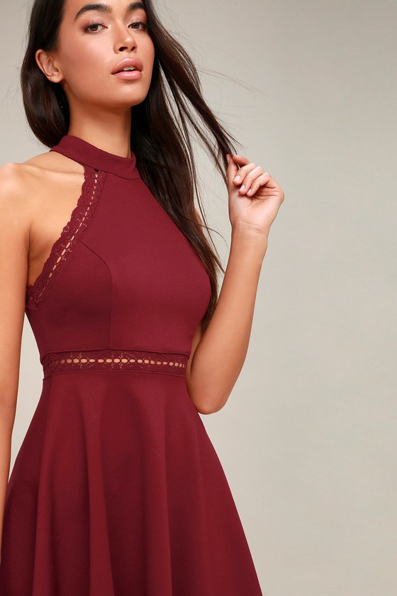 Reach Out My Hand Burgundy Lace Skater Dress