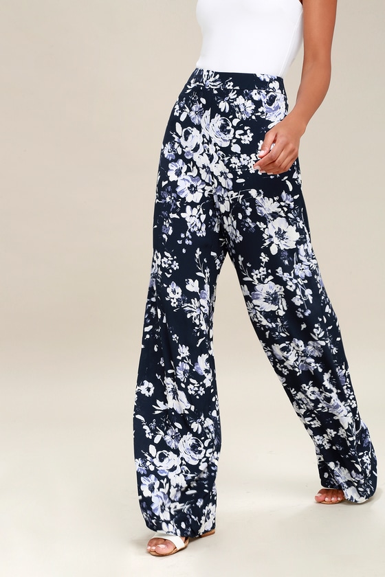 Lovely Navy Blue Pants - Floral Print Pants - Wide-Leg Pants - Lulus