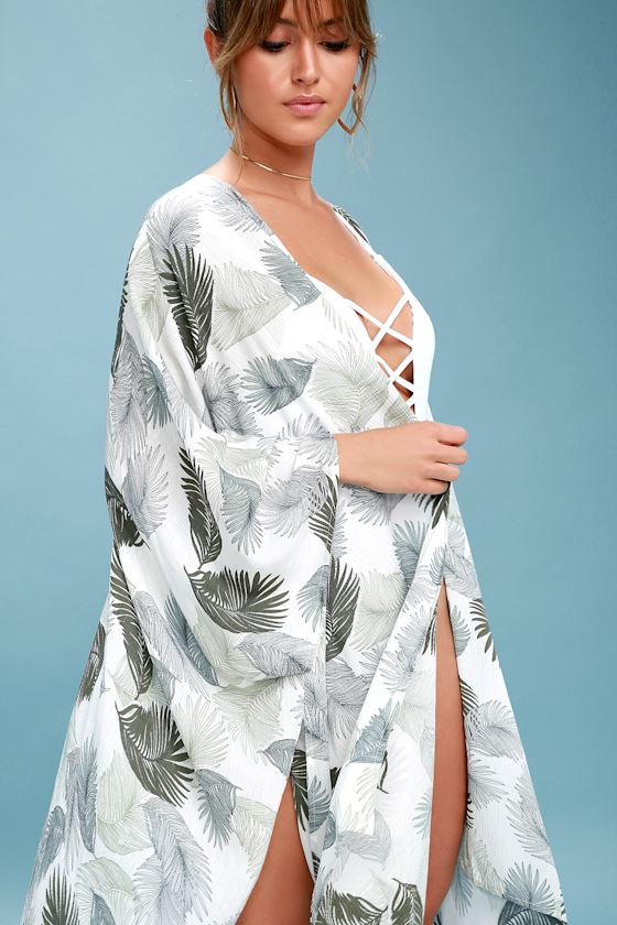 Watch and Fern White and Green Leaf Print Kimono Top 5