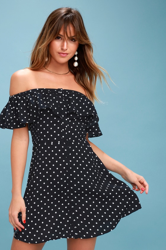 LuLus Ready or Dot Midnight Blue Polka Dot Off-the-Shoulder Dress