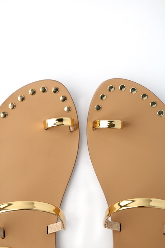 gold flat sandals with ankle strap