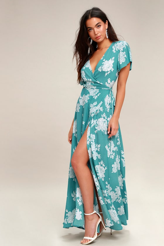 Turquoise Wrap Dress Ladies Turquoise Linen Wrap Dress Short Sleeve V Neck  Flowy Long