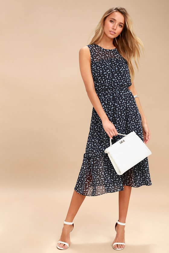 Afternoon Stroll Navy Blue Floral Print Midi Dress 1