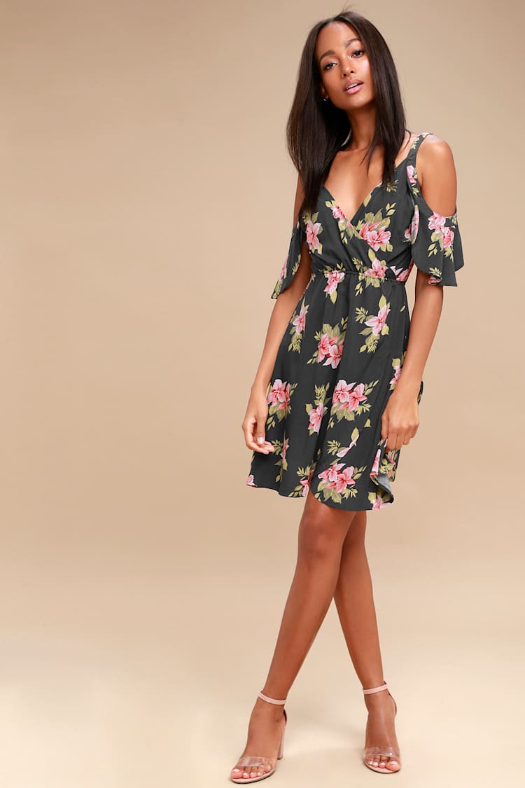 grey floral wrap dress O'Neill Cecilia - Charcoal Print belted outfit for brunch