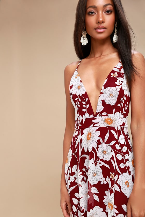 Magic Blooms Burgundy Floral Print Backless Maxi Dress 4