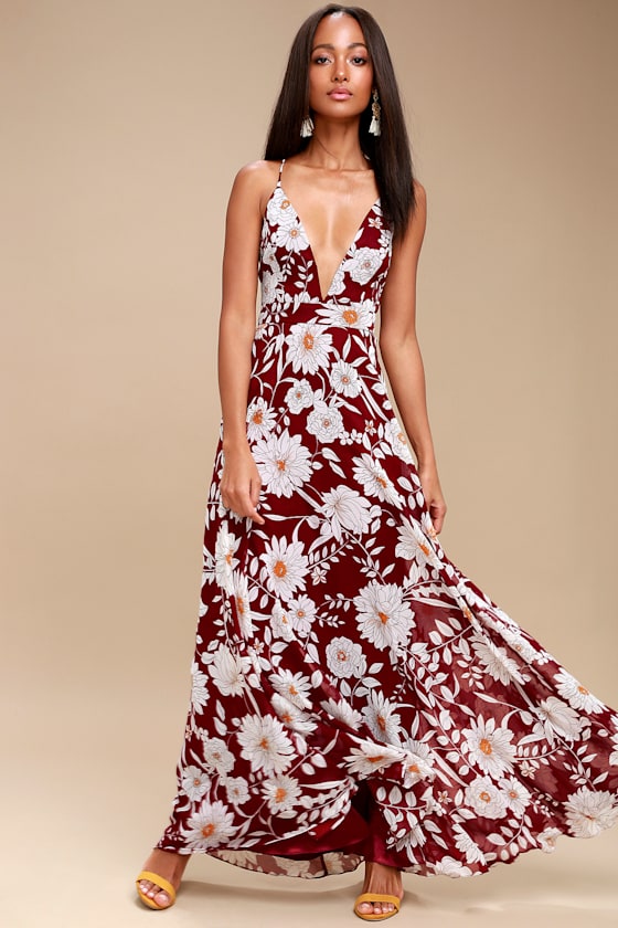 Magic Blooms Burgundy Floral Print Backless Maxi Dress 1