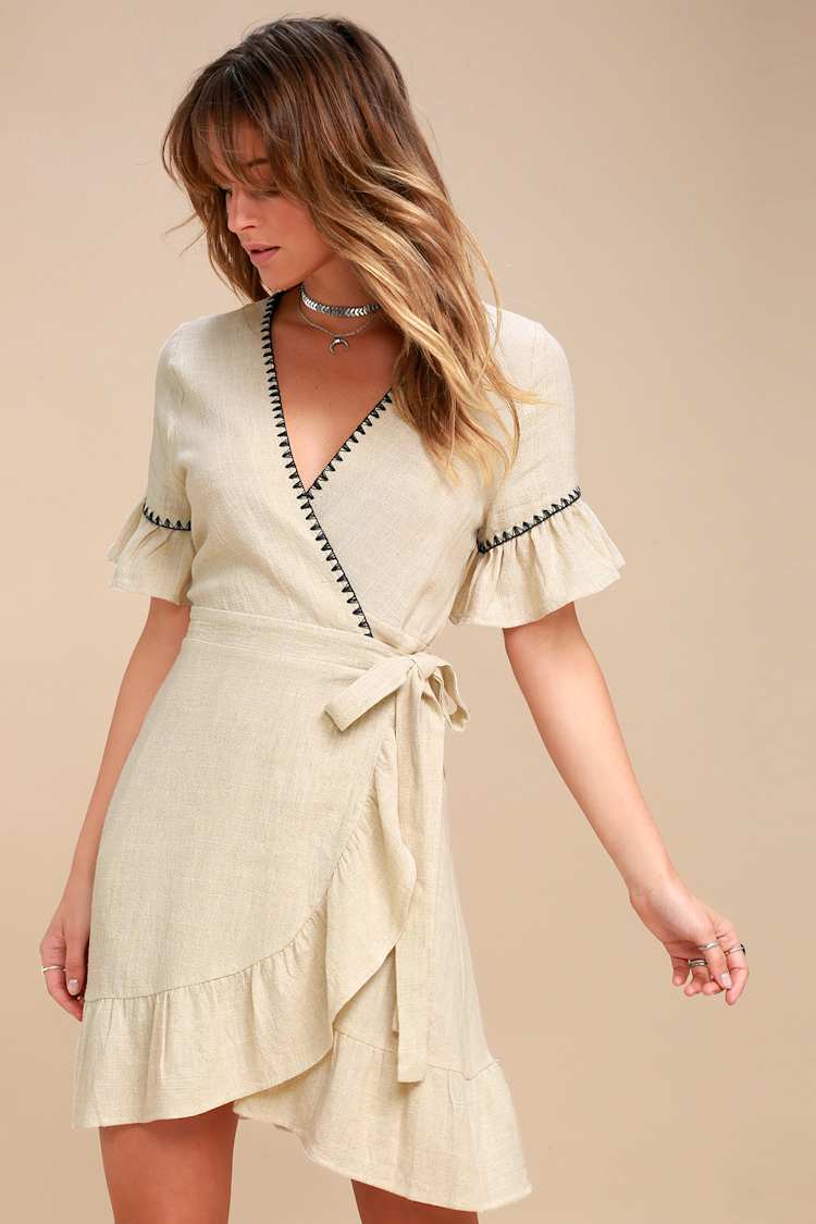 Moon River Wrap Dress - Embroidered Dress - Beige Wrap Dress - Lulus Moon River Wrap Dress - Embroidered Dress - Beige Wrap Dress - Lulus