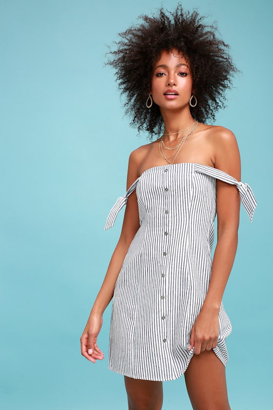 Seaside Lagoon Blue and White Striped Off-the-Shoulder Dress 1