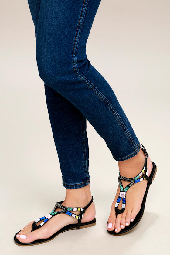 Cute Black Beaded Sandals Flat Sandals Thong Sandals