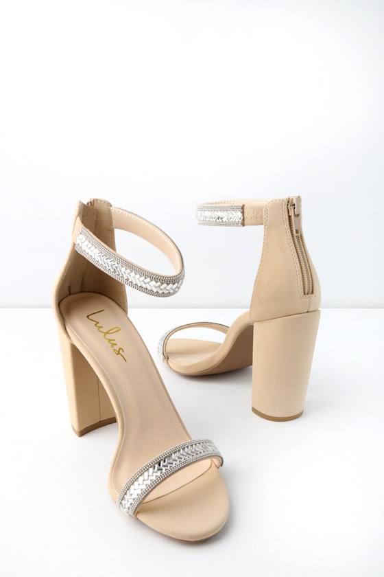 Cacey Nude Nubuck Beaded Ankle Strap Heels 1