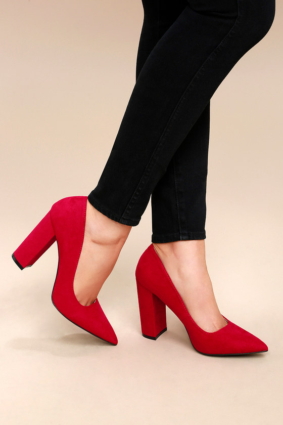 red suede pumps with ankle strap