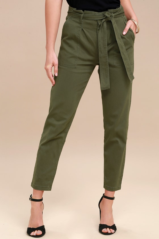 Chic Olive Green Pants - Cropped Pants - Tie-Waist Pants