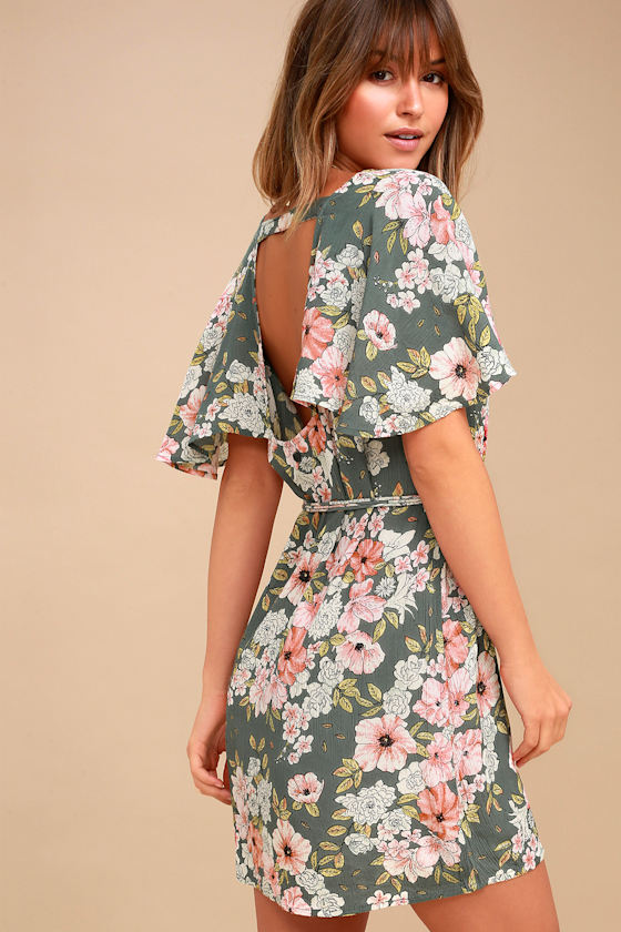 Fine Flutter Sage Green Floral Print Mini Dress 2