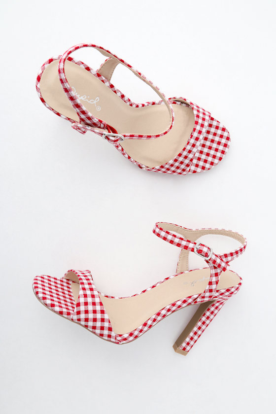 Lovely Red Gingham Heels Fabric Heels Dress Sandals Lulus
