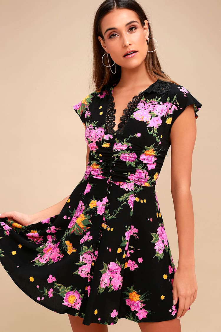Free People Alora - Black Floral Print Dress - Mini Dress