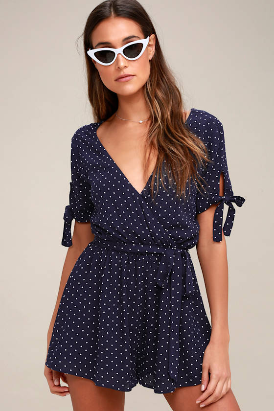 Cute Stuff White and Navy Blue Polka Dot Tie-Sleeve Romper 2