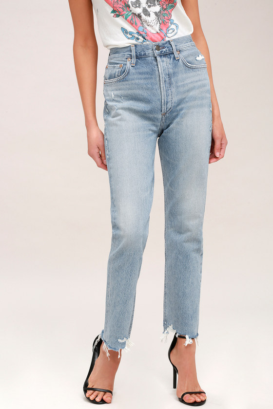 high rise light wash jeans