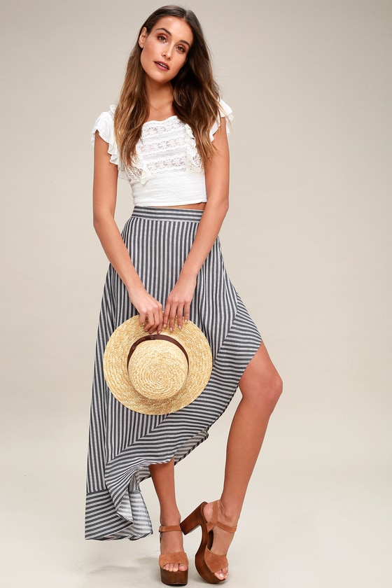 blue and white striped maxi skirt