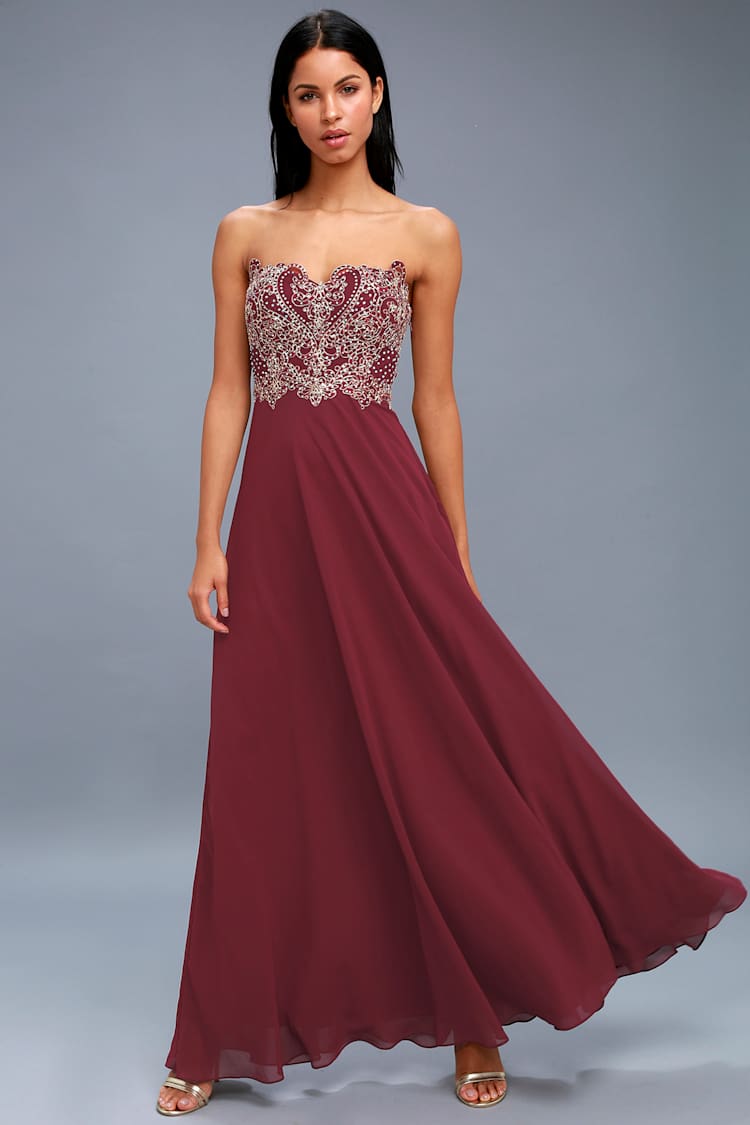 Elegant Burgundy Dress - Strapless Rhinestone Maxi Dress - Lulus