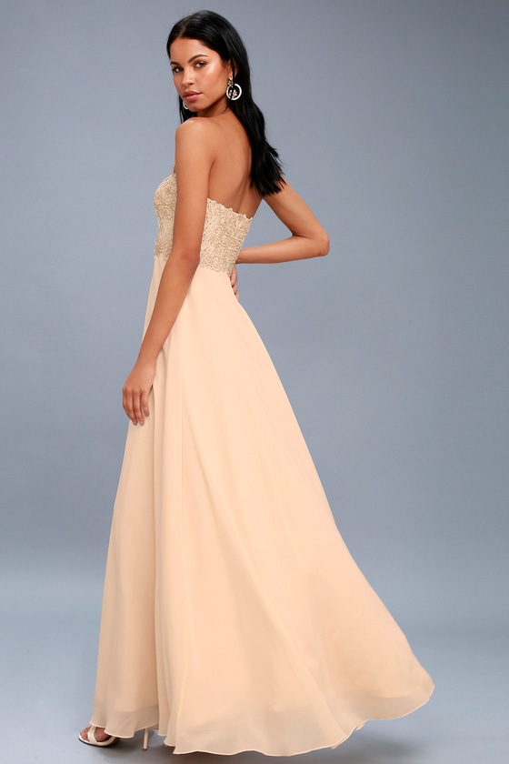 Elegant Champagne Dress - Strapless Rhinestone Maxi Dress - Lulus