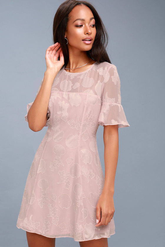 Luminous Love Mauve Pink Shell Print Flounce Sleeve Dress 6
